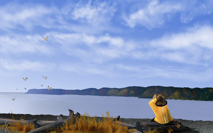 woman in yellow gazing out at water wallpaper